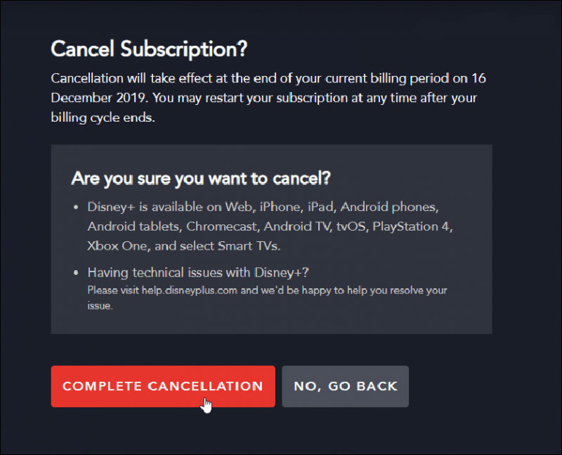 Disney+ Cancellation Screen